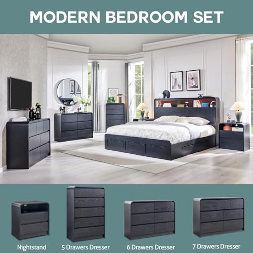 Image of Aitjunz 25 inch Tall Modern Nightstand with Charging Station, 23.6'' Wide Wood Bedside Table w /2 Storage Drawers, Large Mid Century End Table for Bedroom, Living Room, Curved Profile Design, Black