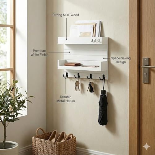 Image of Key Holder for Wall Decorative, Wooden Key Rack Mail Sorter Organizer, Double Shelf Key Hanger Mail Key Organizer, Rustic Home Decor for Entryway Hallway (White)
