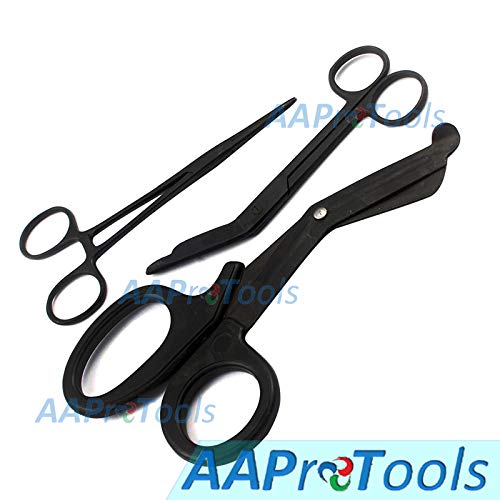 AAProTools Tactical Black EMT/Paramedic Tools with Bandage Scissors and Shears Including Lister Scissors, and A Hemostat Clamp Ideal Gift for Paramedics, EMT, Firefighter, Police and Nurse