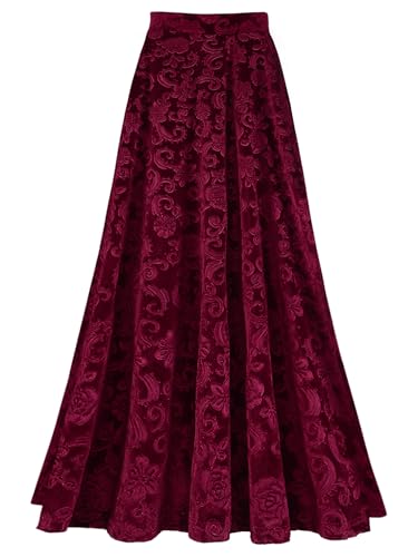 JEATHA High Waisted Maxi Skirts for Women Vintage Floral Jacquard Skirt A-Line Casual Flowy Long Velvet Skirt