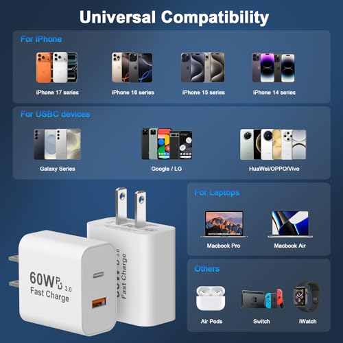 Image of iPhone 17 16 15 Charger Fast Charging 60W,[Apple MFi Certified] Dual Port | ﻿ USB C Wall Charger Block with 10FT USB to USB C Cable USB-C Fast Charger for iPhone 17 /Pro /Pro Max /17 Air /16 Pro Max /15