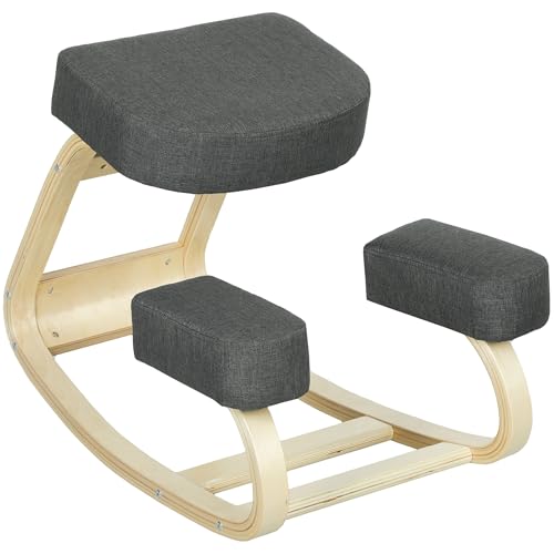Vinsetto Sedia Imbottita Ergonomica con Inginocchiatoio e Cuscino, Sedia Posturale Moderna in Legno di Betulla, Gommapiuma e Poliestere, 51x69x58 cm, Grigio