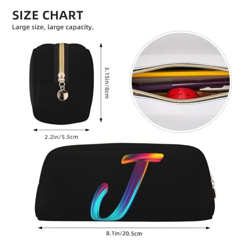 Image of Cute Initial Pencil Case for Kids Simple Leather Pencil Pouch for Boys Girls Letter Design Pencil Box Pen Bag Pencil Pouch Office Stationery Organizer, Rainbow Letter J