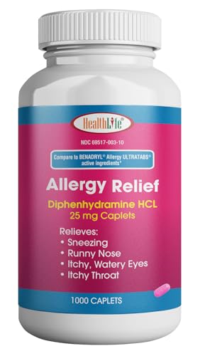 HEALTH LFE Allergy Relief Medicine Diphenhydramine HCl Caplets 25 mg | Children and Adults | Relieves Sneezing Runny Nose Hay Fever Symptoms Itchy Eyes and Throat (Large 1000 Count)