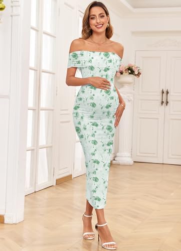 Image of AISWI Maternity Mesh Split Dress Off The Shoulder Ruched Bodycon Pregnancy Dresses Baby Shower Photoshoot, Without Belt, Floral4: Green Rose, X-Large
