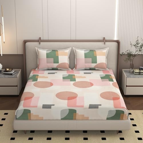 Image of King Size Bedsheet Wilburn Cotton Blended Fitted with Two Pillow Covers 250 TC Anti-Wrinkle Deep Corners 78x72 Inches