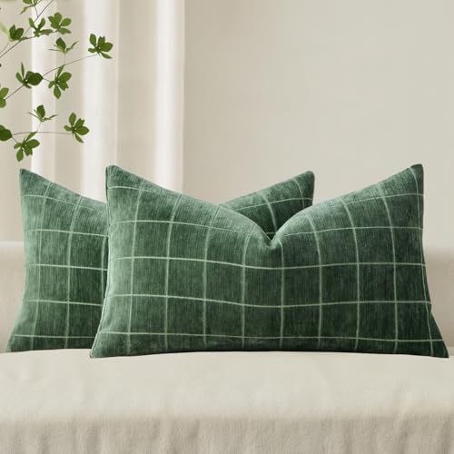 Image of MIULEE Moss Green Plaid Decorative Throw Pillow Covers 12x20 Set of 2 | Vintage Check Chenille Couch Pillows Neutral Boho Farmhouse Cushion Covers Modern Home Decor for Sofa Bed Living Room