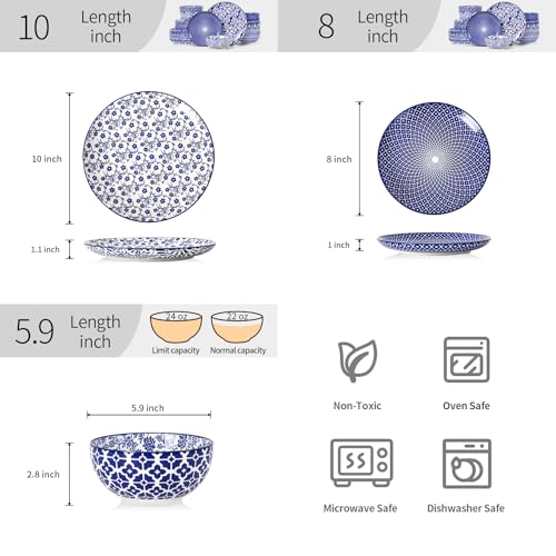 Image of Selamica Ceramic Plates and Bowls Sets,24 Pieces Dinnerware Sets for 8,Scratch Resistant Dish Set for family gathering,Dishwasher & Microwave Safe, Vintage Blue