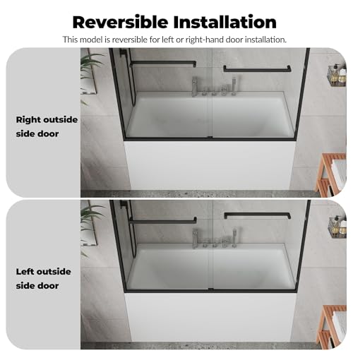 Image of 56-60 inch W x 59 inch H Semi-Frameless Double Sliding Shower Door, 1 /4 inch (6mm) SGCC Tempered Glass with Easy-Clean Coating, Matte Black Finish Bypass Design for Bathtub /Shower Enclosure