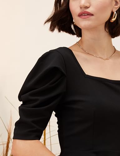 Image of Amazon Brand - Eden & Ivy Women Solid Crepe Square Neck Puff Sleeve Regular Fit Peplum Knit Top (Available in Plus Sizes)