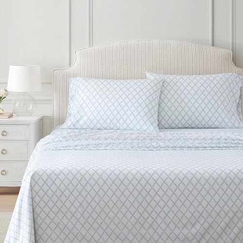 Image of Martha Stewart - Queen Size Sheet Set, Crisp & Tailored Sheets with a Smooth Cotton Percale Feel - Striped Bed Sheets with Matching Pillowcases & Fitted Sheet (Leaf Trellis Blue)