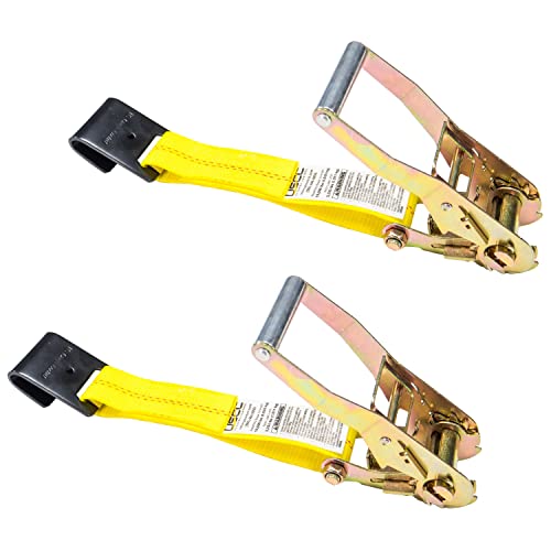 US Cargo Control, Fixed End Tie Down Strap with Flat Hook and Ratchet, 2 Inch Wide X 11 Inch Long, Yellow Ratchet Straps, Dependable Utility Strap, 3,333 Pound Working Load Limit, 2 Pack