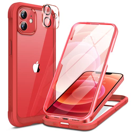 Image of Miracase Glass Series for iPhone 12 /12 Pro Case 6.1 inch, Upgraded Full-Body Rugged Phone Bumper Case Cover with Built-in 9H Tempered Glass Screen Protector and Camera Protector, Red