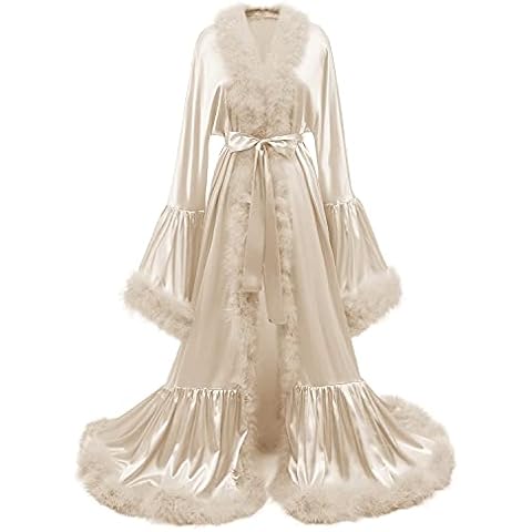 Yexinbridal Feather Robe Silk Satin Bridal Dressing Gown Fur Trim Luxury Christmas Lingerie Nightgown Champagne Size S/M Small-Medium Cover