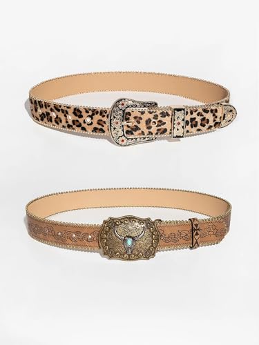 Vintage Leopard Print Waist Belt for Women – PU Leather with Engraved Gemstone Buckle & Pearl Edge | Retro Boho Fashion Belt3