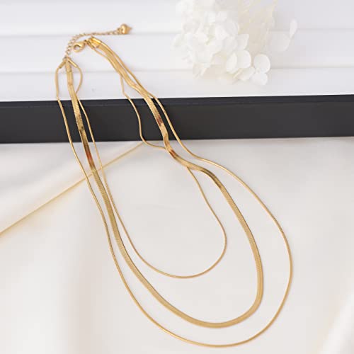 Ritelzota Gold Layered Necklace For Woman 14K Gold Plated 3 Layeded Herringbone Necklace, Dainty Flat Snake Gold Chain Choker Necklace Jewelry For Woman/Girls(3 Pc Set Herringbone Chain) #TOP1