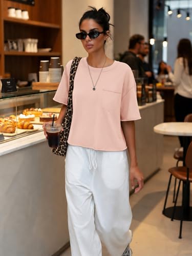 Image of ATHMILE Womens Crop Tops Workout Shirts Gym Oversized Spring Summer Basic Tees Short Sleeve Casual Loose Drop Shoulder 2026