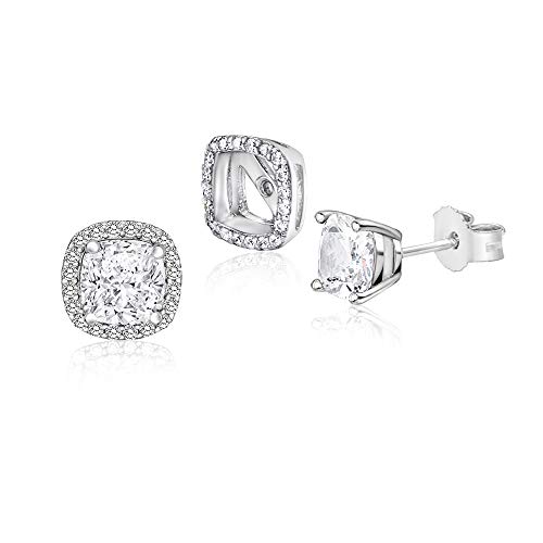 Sterling Silver 925 Simulated Pink Diamond Cushion Rounded Square Halo Stud Post Earrings With Removeable Jacket #TOP1