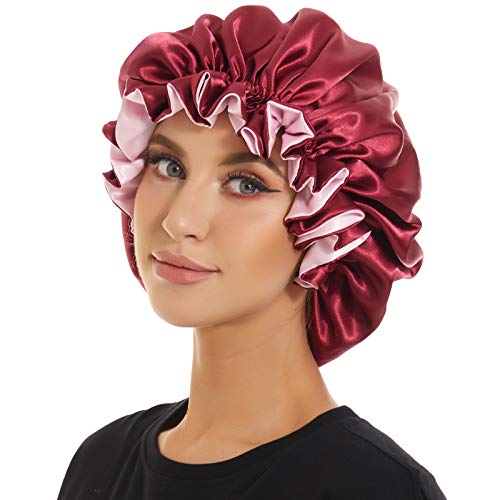 AIPAO Satin Bonnet Sleep Bonnet Cap,Black Women Silk Bonnet for Curly Hair Cap Silk Bonnets for Women Satin Cap Sleeping Hair Bonnet (Wine Red)
