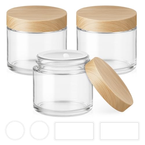 2 oz Small Glass Containers with Lids Glass Jars with Woodgrain Lids & Inner Liners Reusable Travel Containers for Creams Makeup Lotion Cosmetic - 3 pack