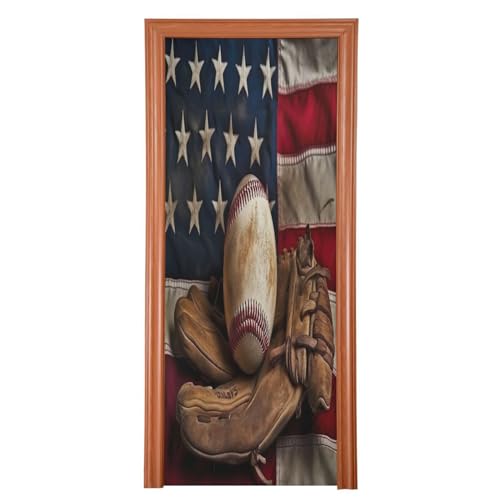 FLildon American Flag Baseball Door Cover Decoration, Party Accessory Porch Decor for Festive Ornament Room Indoor Outdoor Covering 32 x 79 Inch