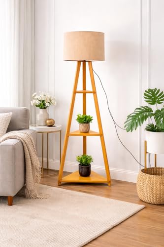 Image of Creeper Modern Wooden Tripod Floor Lamp with Fabric Linen Shade