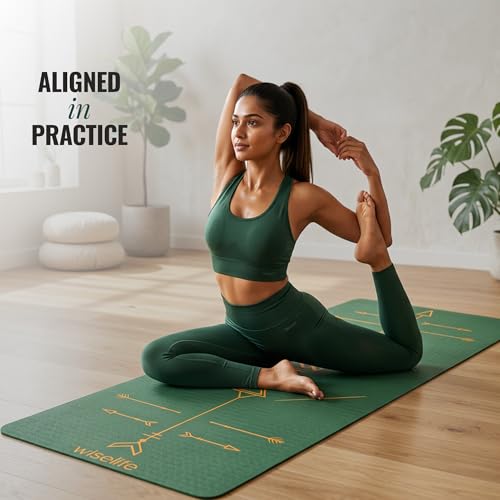 Image of WiseLife Boho Alignment 8mm Yoga Mat | Non-Slip Thick Exercise Mat | Anti-Skid Yoga & Fitness Mat for Yoga, Pilates, Gym & Flexibility Training (Green)