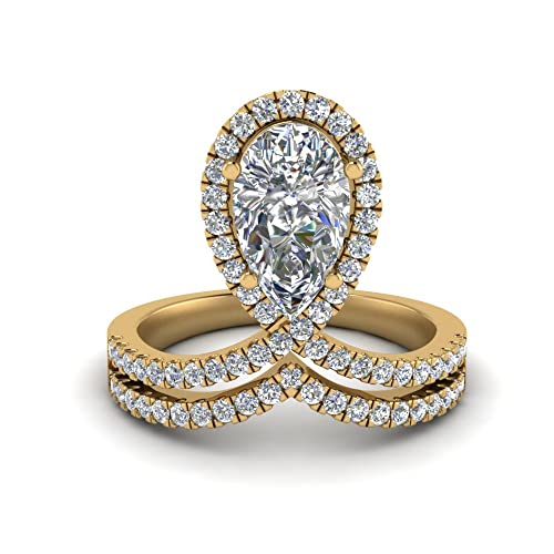 Choose Your Gemstone Pear Shaped Curved Halo Diamond CZ Ring Yellow Gold Plated Pear Shape Halo Engagement Rings Matching Jewelry Wedding Jewelry Easy to Wear Gifts US Size 4 to 12
