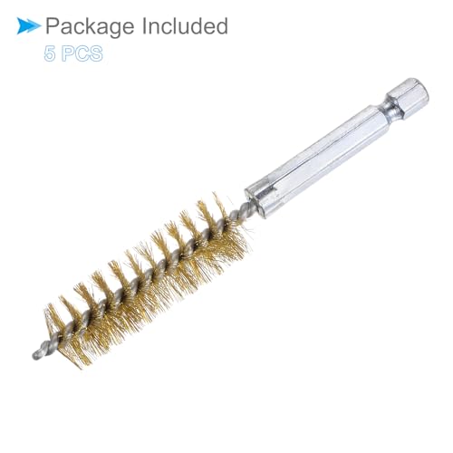 Image of Bore Brush, 15mm Dia 4 Inch Length, Brass Cleaning Wire Brushes with 1 /4 Inch Hex Shank - (Applications: for Power Drill, Die Grinder), 5-Pieces