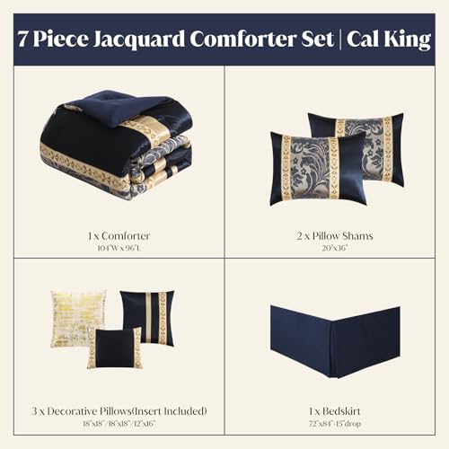 Image of CozyDH Luxury Comforter Set California King, Navy Blue Gold - 7 Piece Bed in a Bag Jacquard Vintage Floral Damask, All Season Down Alternative Bedding with Bed Skirt, Shams, Decor Pillows, 104x96 in