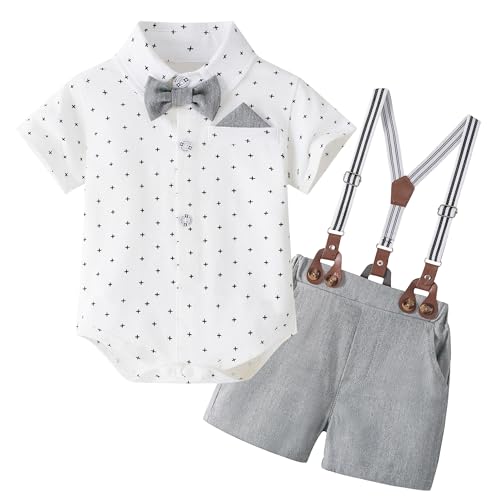 Image of Volunboy Baby Boy Formal Short Set Toddler Summer Gentleman Outfit Kid Short Sleeve Bowtie Shirt Suspender Shorts Suit