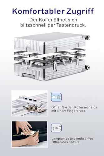 yuweijie Handgepäck Koffer&Trolleys Alurahmen Hartschalen in 100% Polycarbonat,Reisekoffer mit 4 Rollen,Größ Koffer,TSA-Schloss (S, Silber, 55cm, 35L)