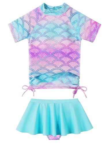 Image of BAOHULU Girls Two Piece Swimsuits Rash Guard Ruffle Bikini Skirt Short Sleeves Beach Dress Swimwear UPF 50+ 3-12Y