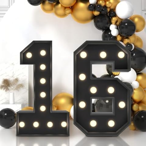 3.3FT Marquee Numbers, Black Light Up Numbers for 16th Birthday Baby Shower Decorations with Assembling Tools, Large Mosaic Balloon Frame for Anniversary Engagement Party Cover