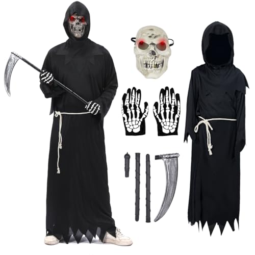 ZUCOS Disfraz de Sensenmann, disfraz de Halloween con máscara de cráneo, juego de disfraz para adultos, decoración de Halloween, cosplay, color negro, capa con capucha