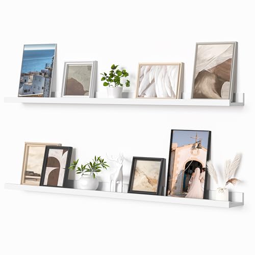 Image of Heimlove Picture Ledge Shelf, Floating Shelves Set of 2, 48 Inches Picture Shelf for Wall with Ledge, Kids Bookshelf Wall Mounted for Living Room Bedroom Decor Books Photo Frames, White