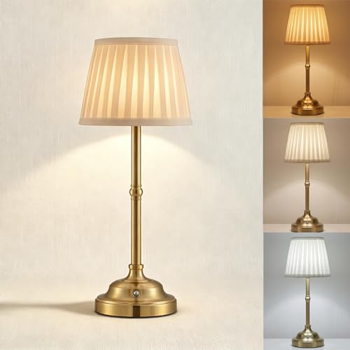 Lampe de Table Sans Fil Rechargeable LED, Lampe Chevet Retro avec Abat-jour en Tissu, 3 Couleurs et Intensité Variable, USB, Design Vintage pour Chambre à...