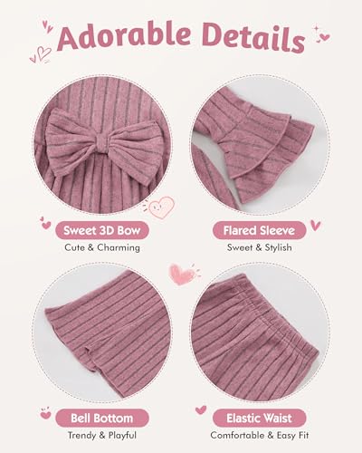 Image of SODLON Baby Girl Clothes Toddler Fall Winter Outfits Ruffle Long Sleeve Bow Top Flared Pants Set Bell Bottom Clothing 18M-5T