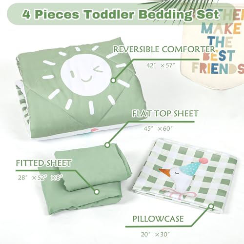 Image of Toddler Bedding Set for Boys Girls 4 Pieces Green Goose, Soft Breathable Toddler Comforter Set, Checkerboard Print, Includes Reversible Comforter, Fitted Sheet and Flat Sheet, Pillowcase