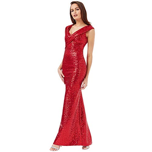 Goddiva Pleated Neckline Sequin Maxi Dress 8 Red