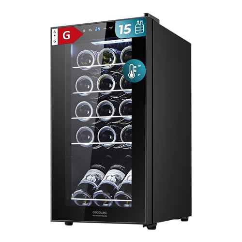 Cecotec Vinoteca Bolero Grandsommelier 1550 Black Compressor, 15 botellas, Silencioso, Alto rendimiento, Regula la temperatura de tus vinos entre 5 y 18 ºC, Control táctil, Luz interior