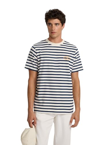 SILBON Camiseta Raya Media Azul Marino Manga Corta para Hombre Talla S