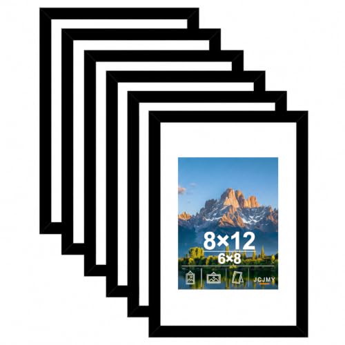 Image of JCJMY 8x12 Picture Frame Set of 6 with 6x8 Mat, Black 8 x 12 Photo Frames with Shatter Resistant Plexiglass, Display 6 x 8 with Mat or 8 by 12 Without Mat, Sturdy Wall or Tabletop Frame, 6 Pack
