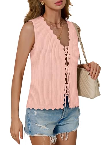 Image of COCCKO Womens Summer Tops Vacation Beach Outfits Cute Tie Front Crochet Vest Knit Sleeveless Sweaters