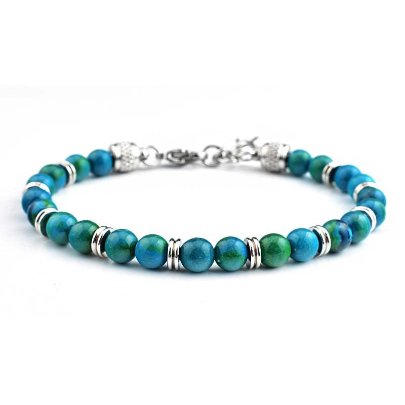 KCDKKE Men's Natural Beads Bracelet, African Turquoise/Phoenix Stone Patchwork Link Bracelets, Stainless Steel Clasp Bracelet for Men Women