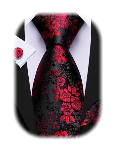 Image of Barry.Wang Flower Ties for Men Silk Woven Floral Tie Sets Necktie Handkerchief Cufflinks Wedding Party