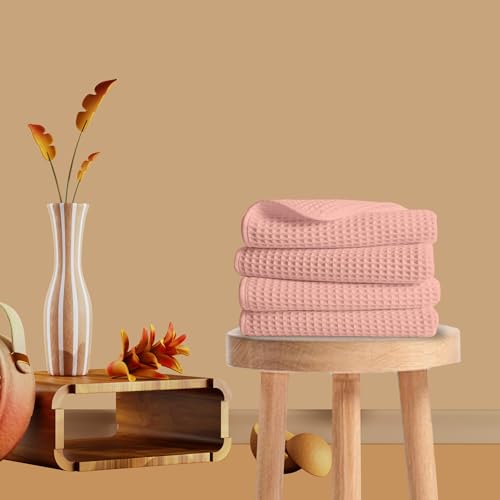 Image of Pure Cotton Waffle Towel | Lightweight | Anti Microbial and Water Absorbent | Soft Touch Quick Drying Hand Towels (Peach, Pack of 4)