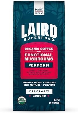 Laird Superfood Peruvian Dark Roast Coffee with Functional Mushrooms, Certified Organic Peruvian Ground Coffee Beans, Gluten-Free, Dairy-Free, Non-GMO, Paleo, Keto Friendly, 12 oz. Bag