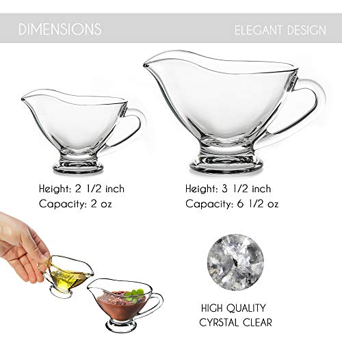 Crystalia Gravy Boat Saucer Set Clear Glass, Large and Small Condiment Appetizer Serving Bowl with Easy Grip Handle, Lead-Free Premium Clear Glass Set of 2