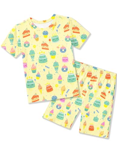Arshiner Pajamas for Girls Summer Short Sleeve Sleepwear Kids Soft Cute Snug Fit Pjs Sets Yellow Ice Cream 3-4 Years